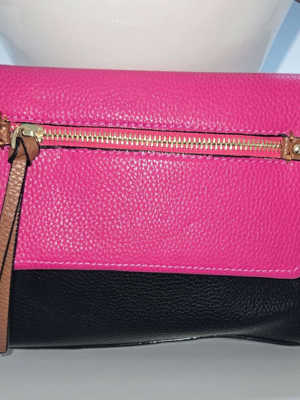 New 3-Tone Hot Pink and Black Leather Purse with Gold Hardware Shoulder Strap